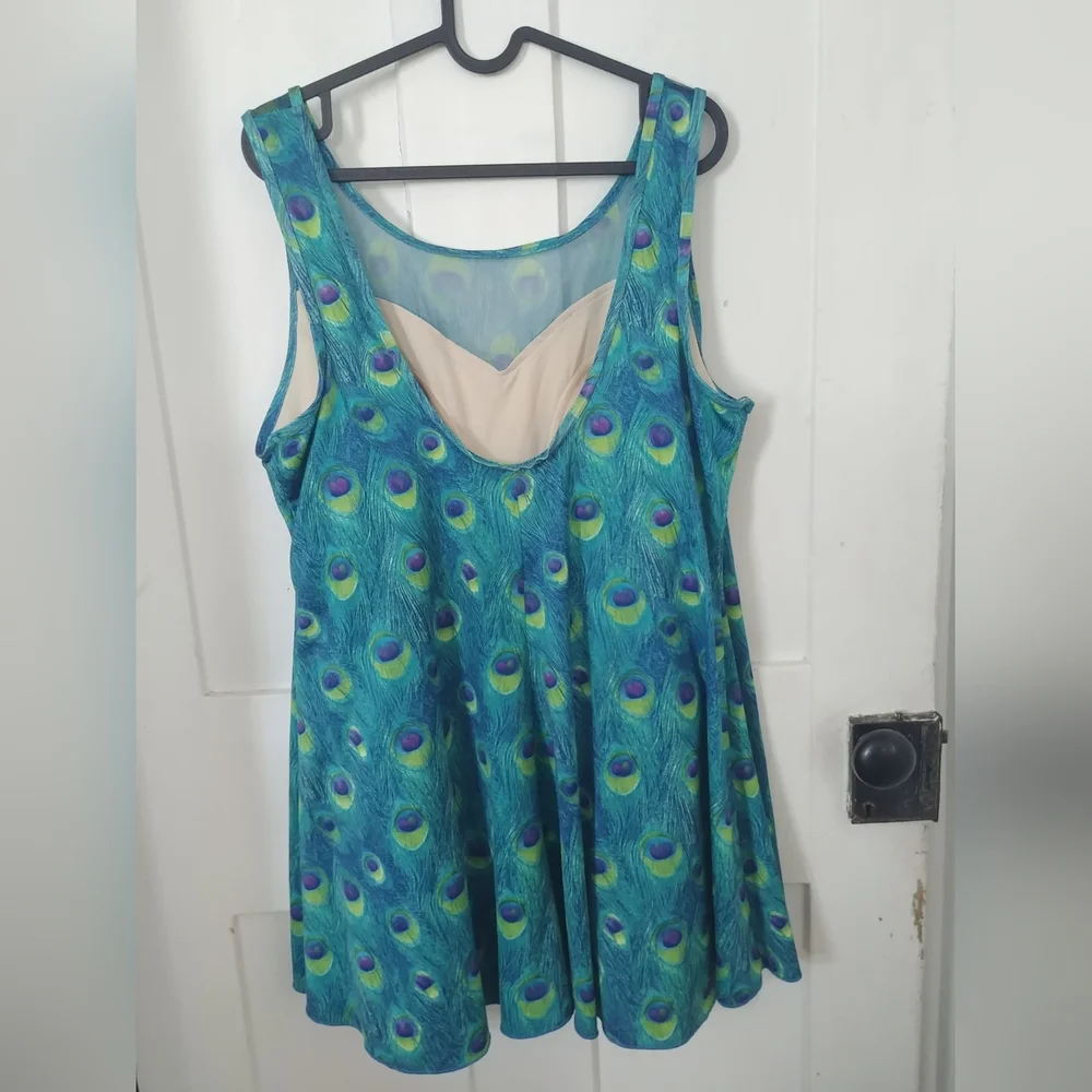 Womens Colorful Peacock Print One Piece Swimsuit Blue Green Size 24W (B) - Picture 2 of 7
